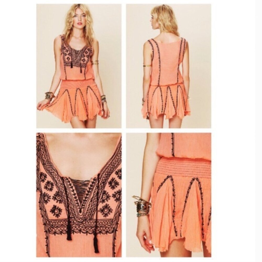 Free People Peach Orange Boho Raw Hem Mini Dress Fairy Core